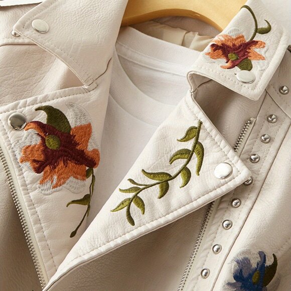 Women Floral Embroidered Moto PU Leather Jacket Coat - Picture 4 of 7